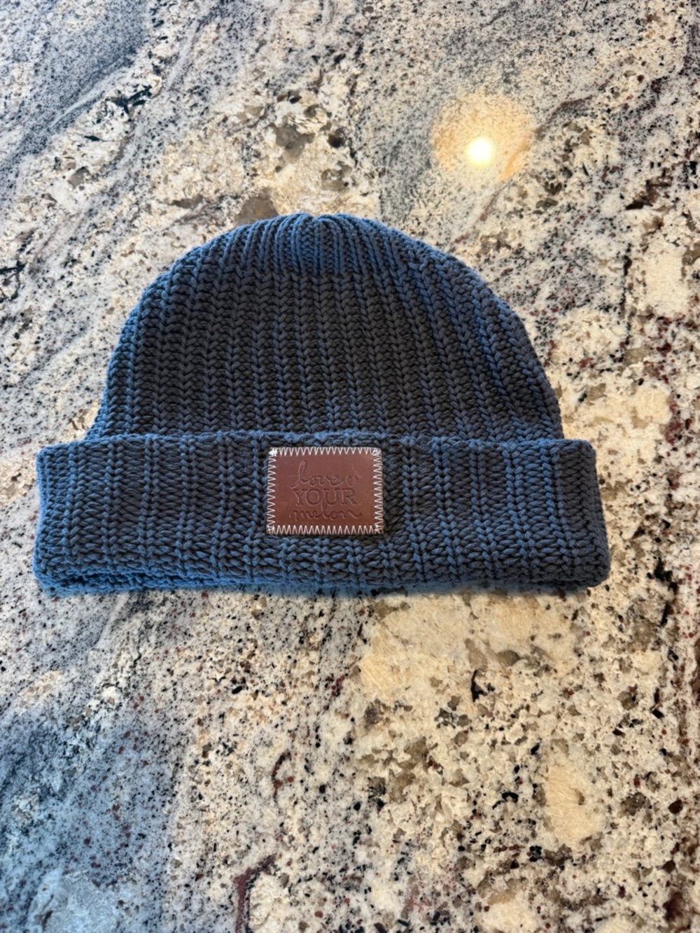 Love Your Melon Navy Ribbed Cuffed Beanie with Leather Patch